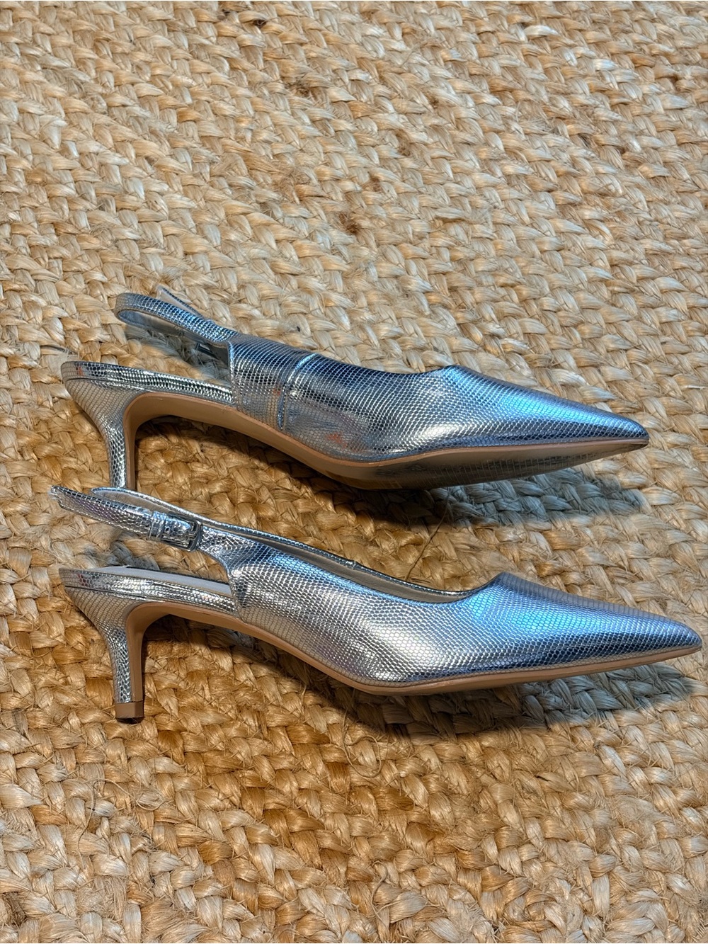 French Connection Silver Metallic Slingback Pointed-Toe Kitten Heels
